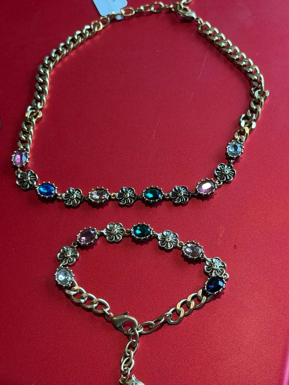 Gold-Tone Multicolor Floral Link Necklace and Bracelet Set